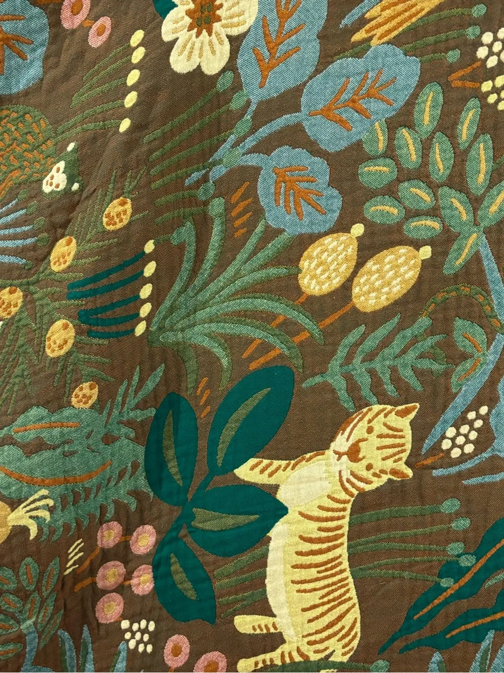 Green Botanical Quilted Throw with Yellow and Teal Accents